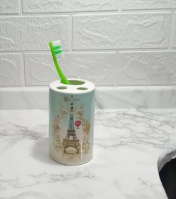 Resim 2 Adet Seramik Diş Fırçalık Romantik Yeşil Model 7x7x11cm Banyo Seti Çok Renkli 