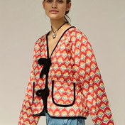 Resim Kadınlar İçin Çiçek Desenli Ceket - Kırmızı/Siyah/Beyaz, Makinede Yıkanabilir Hafif Dış Giyim, Günlük ve Resmi Etkinlikler İçin Şık Kaban, Tüm Mevsimler İçin Moda Kapşonlu Mont, Rahat Kesim, Trendy Fashion, Casual Stil 