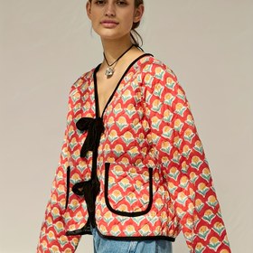 Resim Kadınlar İçin Çiçek Desenli Ceket - Kırmızı/Siyah/Beyaz, Makinede Yıkanabilir Hafif Dış Giyim, Günlük ve Resmi Etkinlikler İçin Şık Kaban, Tüm Mevsimler İçin Moda Kapşonlu Mont, Rahat Kesim, Trendy Fashion, Casual Stil 