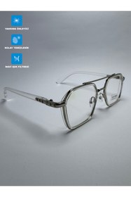 Resim VisionGlasses Vitrum Şeffaf Köşeli Lüks Unisex Şeffaf Camlı Mavi Işık Korumalı Gözlük 
