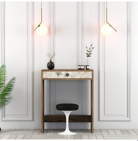 Resim Lizbon Mini Makyaj Masası - Ceviz / Beyaz Mermer 