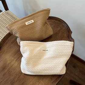 Resim 1pc, Casual Stil Pirinç Desenli Dokuma Kumaş El Çantası, Kadın Seyahat Kozmetik Deposu, Makyaj Pocu, Şık Çek, Tuvalet Çantası, Polyester, Fermuar Kapatma, El Yıkama - Beyaz 