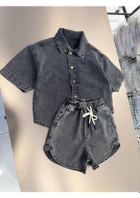 Resim Magu Çocuk Pamuklu Füme Yıkamalı Denim Oversize Gömlek Şort Takım Antrasit 