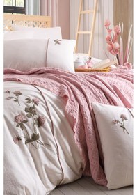 Resim Vera 7 Parça %100 Pamuk Çift Kişilik Pikeli Nevresim Takımı Pudra Pudra 