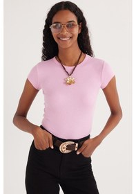 Resim Tudors Kadın Slim Fit Dar Kesim Bisiklet Yaka Modal Kumaş Pembe Bluz-34669 Pembe 