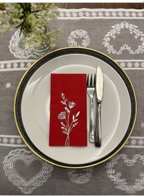 Resim Gümüş Yaldızlı Kırmızı Gelincik Çiçeği Baskılı Garson Katlama Peçete 16 Lı 