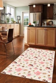 Resim Pelangi Pembe Çaydanlık Fincan Cupcake Desenli Yıkanabilir Kaymaz Taban Leke Tutmaz Modern Mutfak Halısı, Pembe 120 x 180 