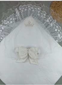 Resim Yenidoğan Kumru Soft Cotton Taç Nakışlı Trilüks Kundak Bebek Battaniyesi Ekru Ekru 