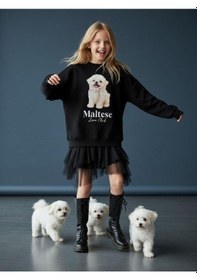 Resim Kız Çocuk Pamuklu Köpek Baskılı Oversize Tasarım Sweatshirt-16472 Siyah 