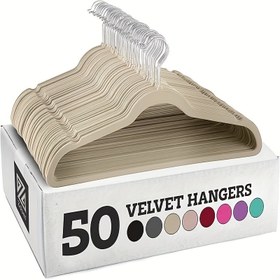 Resim Kadife Askılar 50 adet - Kaban, Pantolon ve Elbise Giysiler için Ağır Hizmet Tipi Fildişi Rengi Askılar - Kaymaz Giysi Askısı Seti - Yer Tasarruflu Keçe Askılar 