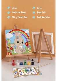 Resim Gökkuşağı Ve Tavşan Temalı Çocuk Boyama Tuvali Şövaleli Eğitici Boyama Seti 20x20 Cm 