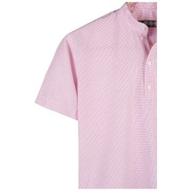 Resim Erkek Pembe Hakim Yaka Yarım Patlı Dik Çizgili Kısa Kollu Slim Fit Gömlek Pembe 