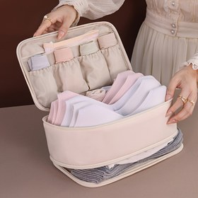 Resim Çok bölmeli çift katmanlı pembe seyahat sütyen saklama çantası, valiz ve sütyen depolama için uygun, kadınların seyahat gereçleri, kadınlar için seyahat aksesuarları 