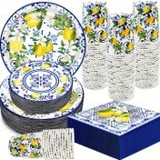 Resim 100 Parça Limon Parti Malzemeleri Seti - Capri Mavi ve Sarı Limon Tasarım Kağıt Sofra Takımı, Limon Temalı Parti, Doğum Günü, Düğün, Duş için Akşam ve Tatlı Tabakları, Bardaklar, Peçeteler Dahil 