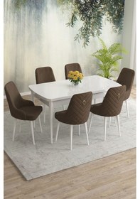 Resim Meri Serisi 80x132 Açılabilir Mdf Beyaz Masa Takımı 6 Kahve Sandalye Kahverengi 