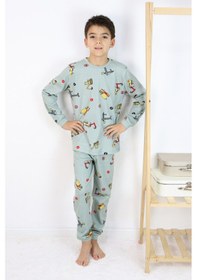 Resim Harika Kids Erkek Çocuk Baskılı İnterlok Kumaş Uzun Kollu Pijama Takımı Açık Yeşil 