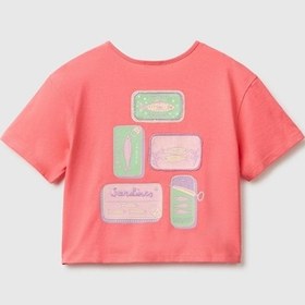 Resim United Colors Of Benetton Kız Çocuk Mercan Ön Ve Arka Baskı Detaylı Boncuk İşlemeli Geniş Yaka T-shirt 6-14 Yaş -2861 Pembe 