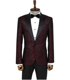 Resim Wessi Kareli Desenli Simli Bordo Erkek Smokin Ceket Bordo 