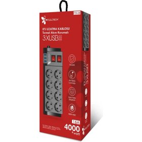 Resim Asfal 2 Metre USB Li Termal Akım Korumalı 8'li Priz 3 x USB Uzatma Kablosu 