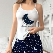 Resim Kadın Pijama Takımı 2 Adet Ay ve Yıldızlar_ Yıldızlı Gök Uçun Yazlık Üstü ve Şort Rahat Günlük_ Dört Mevsim 