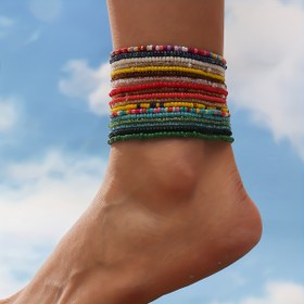 Resim 18 Adet Renkli Mini Pirinç Boncuklu Gerdirilebilir Ayak Bileklik Seti Boho Tarzı Yaz Plajı Yığınlanabilir Ayak Takıları 