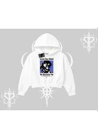 Resim Kapşonlu Crop Sweatshirt Oversize Anime Kız Baskılı Beyaz 