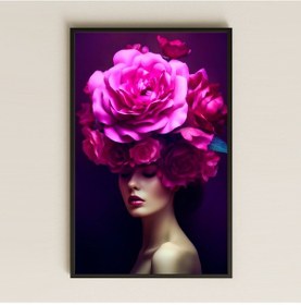 Resim Fuşya Gül Taçlı Kadın Portresi Temalı Etkileyici Pleksi Tablo 