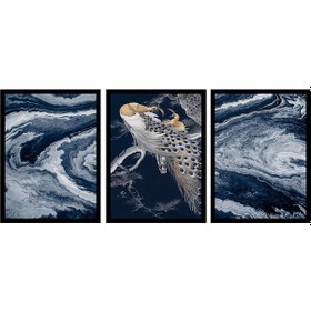 Resim Mavi Soyut Ve Tavus Kuşu Üçlü Çerçeveli Mdf Tablo Seti-172255 