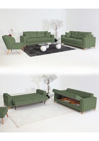 Resim Nola Koltuk Takımı 3+3+1 & Bazalı Yataklı Koltuk & Kanepe - Keten Yeşil 
