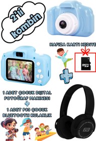 Resim Maybax 2'li Kombin Çocuk Dijital Fotoğraf Makinesi P63 Bluetooth Kulaklık Hafıza Kartı Hediye 