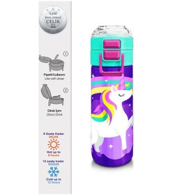 Resim Coral High Kids Mor Su Yeşili Unicorn Desenli Pipetli Ve Direkt İçim Çelik Termos 500 Ml 31818 Mor 
