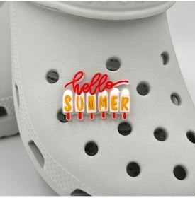 Resim Crocs Terlik Süsü Ve Aksesuarı , Çanta Süsü Jibbitz 3d Hello Summer 05 Logo Aksesuar Beyaz-hardal-kırmızı-şeffaf 