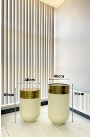 Resim evdeniste Dekoratif Eskitme Darbuka Beyaz Saksı 70cm + Sehpa 60cm Ikili Set 