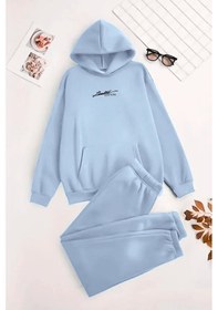 Resim Unisex Kapüşonlu Bebemavi Eşofman Takımı Limited Edition Baskılı- Kışlık Şardonlu Kumaş Mavi 