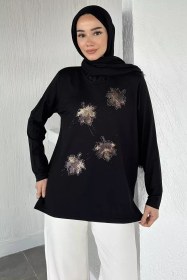 Resim Taşlı Tesettür Anne Penye Bluz Siyah TZL-P-00021462 