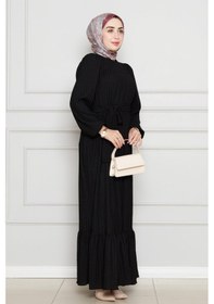Resim Sevitli Robalı Sahra Tesettür Elbise-siyah-4587 Siyah 