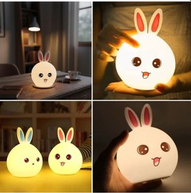 Resim 5 Farklı Renk Modlu Tavşan Figürlü Pofuduk Led Gece Lambası Yumuş Çok Renkli 