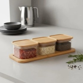 Resim Karokstore 3'lü Bambu Kapaklı Cam Kahvaltılık ve Kuruyemişlik, 7 Parça Tepsili Kahvaltı ve Çerezlik Seti, Vakumlu Kapak 