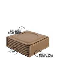 Resim Bardak Altlığı,6 Lı Set,masaüstü Yuvarlak Cup Coaster,vegan Suni Deri,11x11 Cm.,vizon Vizon 