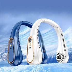 Resim USB şarjlı taşınabilir bıçaksız boyun fanı, seyahat ve kamp için 5 hız dijital ekran - hafif ve rahat tasarım, şarj edilebilir lityum pil, ergonomik uyum 