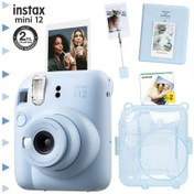 Resim Fujifilm Instax Mini 12 Fotoğraf Makinesi + 20'li Film + Kıskaçlı Stand + pvc Albüm + Simli Pleksi Kılıf Seti Mavi 