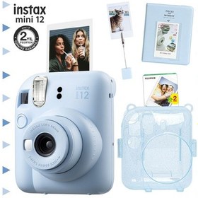 Resim Fujifilm Instax Mini 12 Fotoğraf Makinesi + 20'li Film + Kıskaçlı Stand + pvc Albüm + Simli Pleksi Kılıf Seti Mavi 
