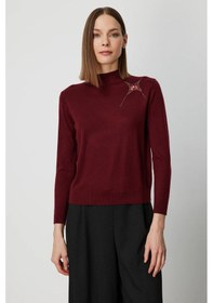 Resim On Kadın Omzu Taş Detaylı Triko Kazak 60453 Bordo Bordo 