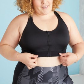 Resim Decathlon Domyos Fermuarlı Sporcu Sütyeni (Bra) 920 - Siyah - Büyük Beden - Fitness Kardiyo 