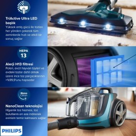 Resim Philips Marathon Ultimate Toz Torbasız Elektrikli Süpürge, 899 W, Powercyclone 10, Triactive Ultra LED Başlık, Power Max Sensör, XB9185/07 
