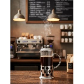 Resim Airobazar Kahve Desenli French Press 350 ml | Isıya Dayanıklı Cam & Çelik Filtre 