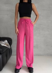Resim Neşeli Butik kadın fuşya keten cepli palazzo pantolon NBG002 