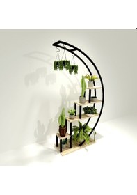 Resim Ferforje Dekoratif Modern Tasarım Siyah Metal Ayaklı Askılı Ahşap Çiçeklik Lüx Raf Saksılık 