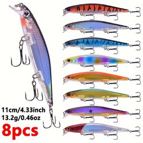 Resim 8 adet PROLEURRE Batan Minnow Balıkçılık Yem Seti, 11.0cm ABS Sert Yem 6# Kanca ile, Lazer Wobblers Bass, Alabalık, Kedi Balığı, Kırmızı Balık, Düz Başlı - Tatlısu & Tuzlu Su Takımı, Babalar Günü Hediyesi, Balıkçılık Yemi 