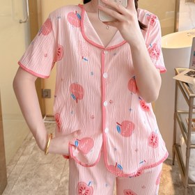 Resim Rahat Ağaç Dokusu Elma Baskılı Rahat Küçük Yaka Pijama Pantolon Takımı 